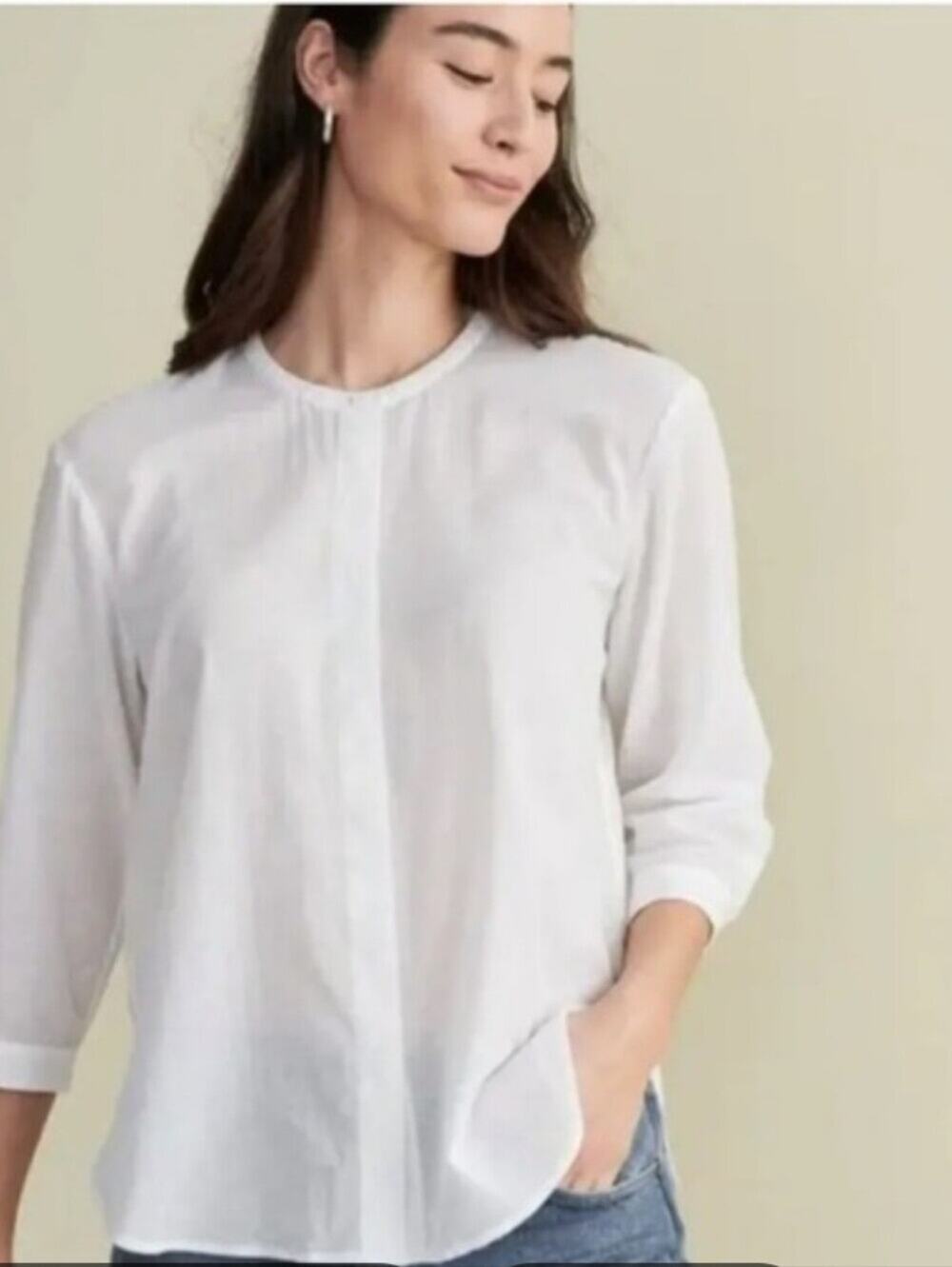 Jenni Kayne James White Button-Front 3/4 sleeves Cotton linen Blouse Small